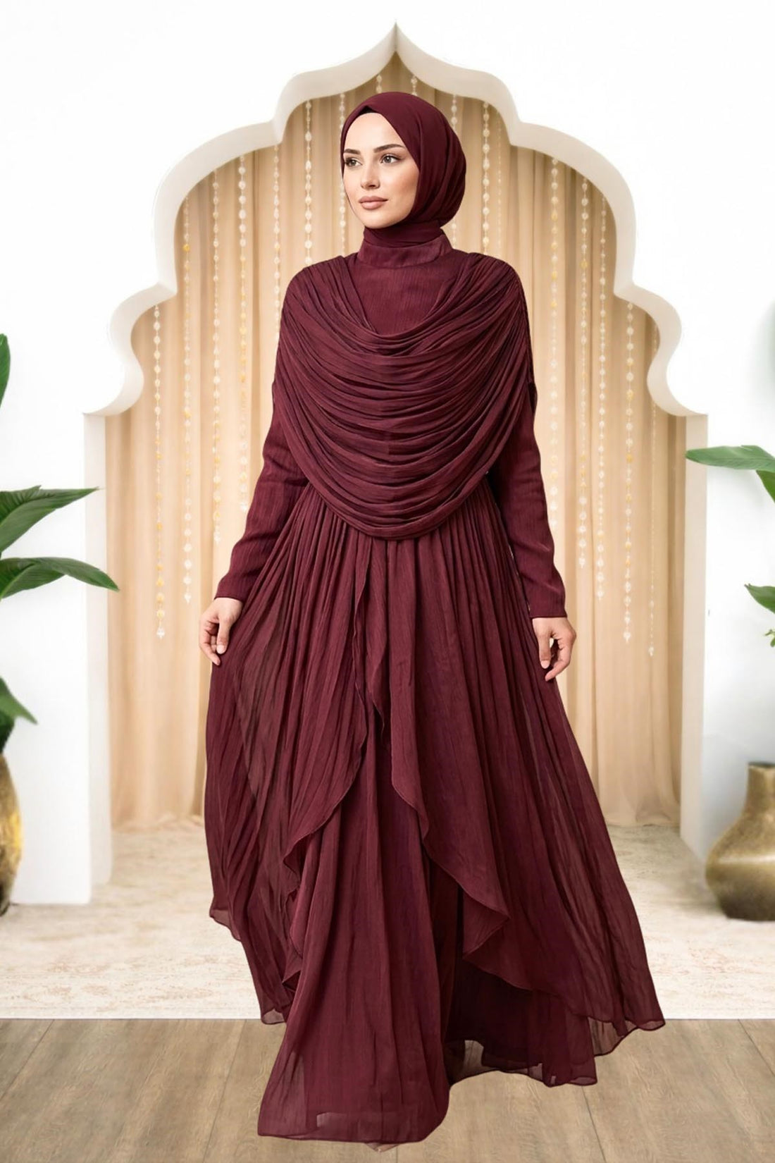 Sumru Modest Evening Dress - Burgundy