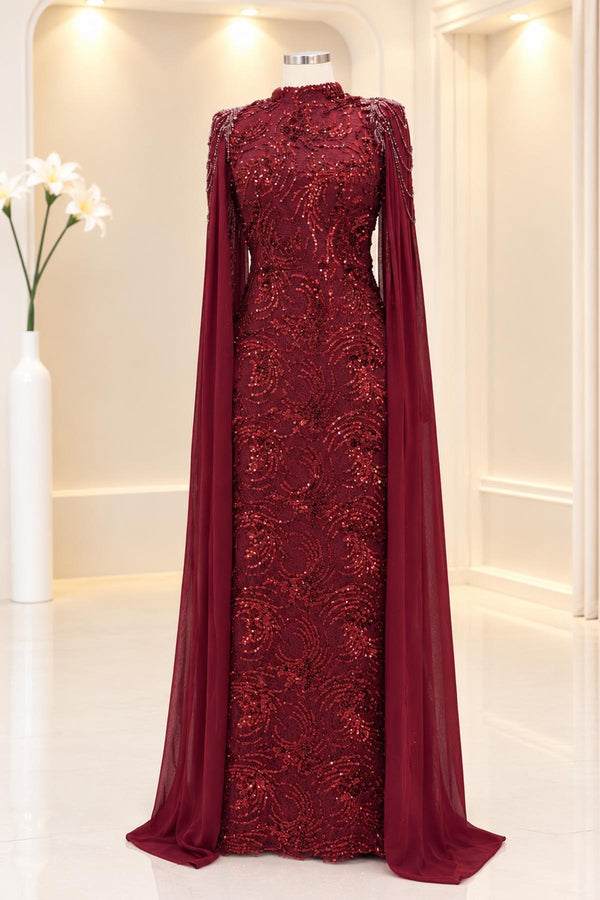Talya Modest Evening Dress - Burgundy