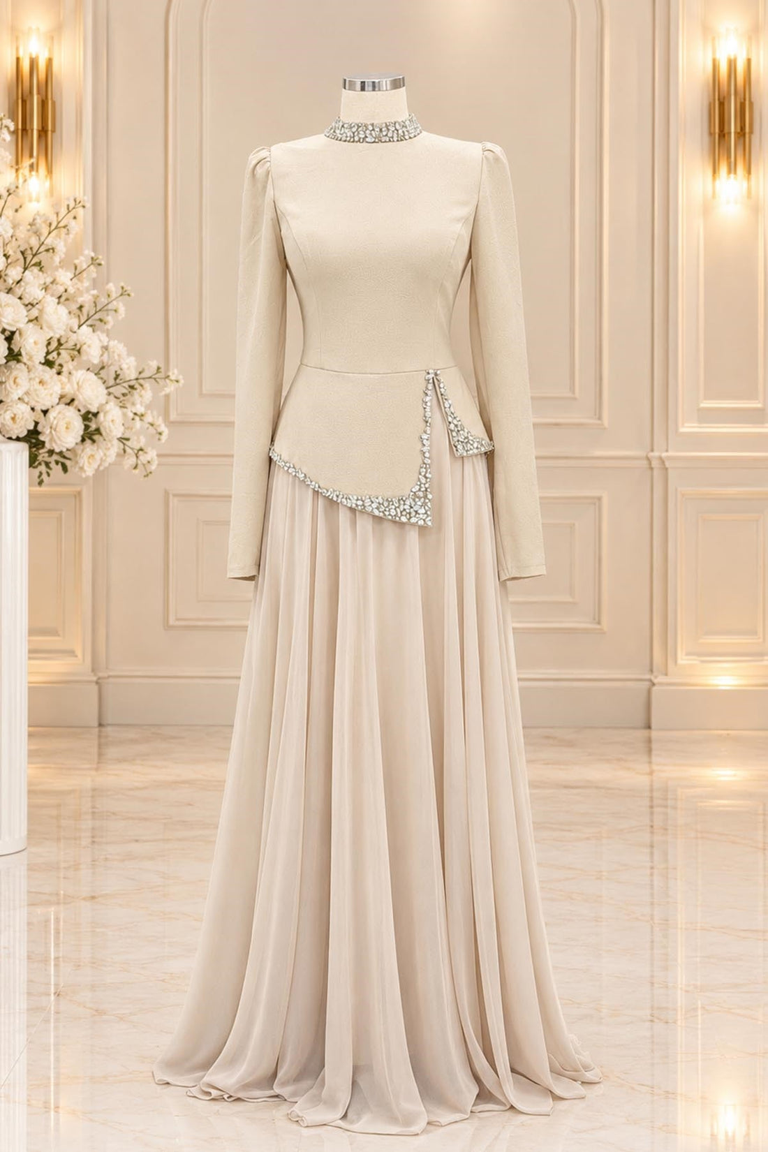 Yağmur Modest Evening Dress - Beige
