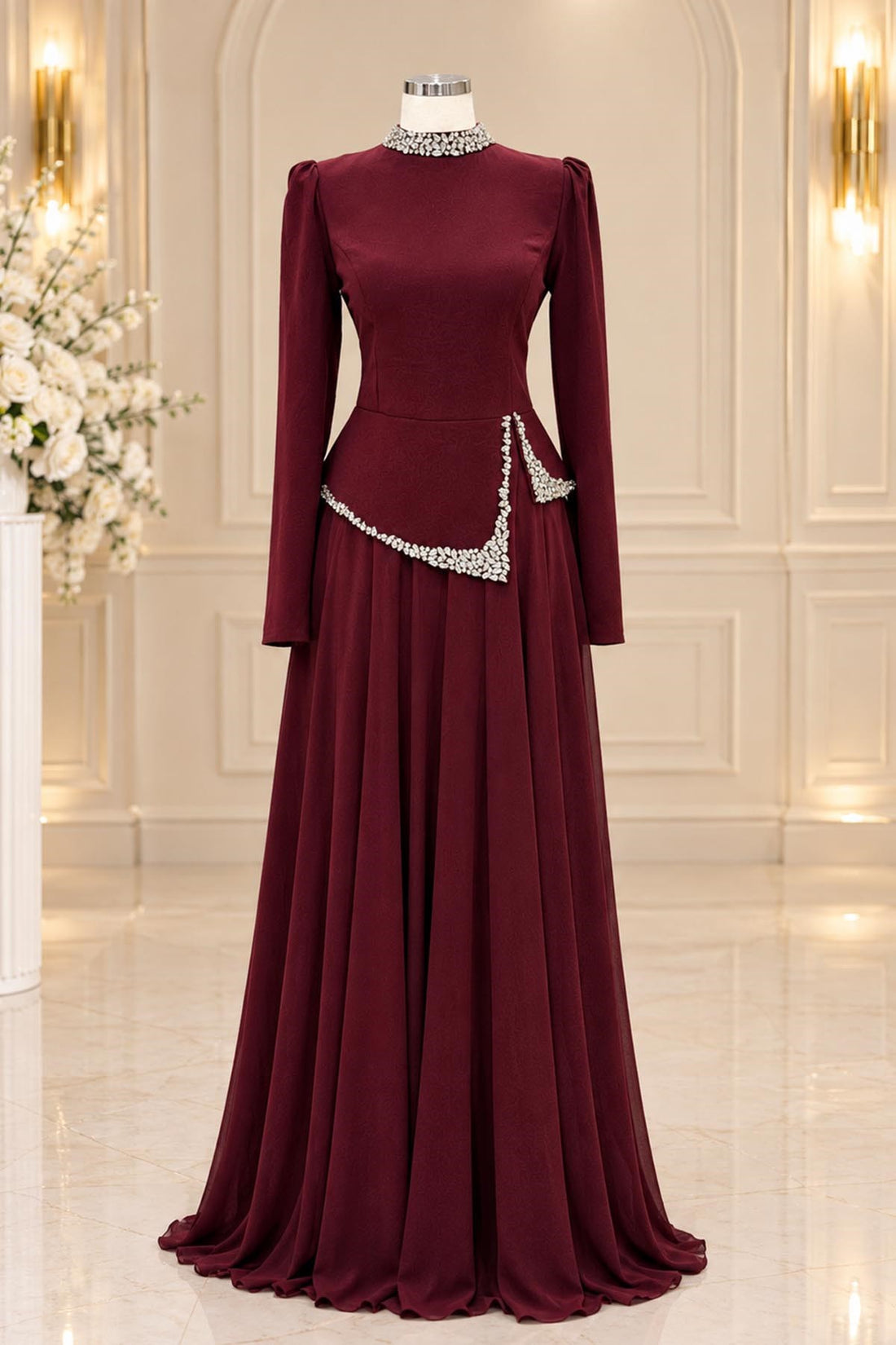 Yağmur Modest Evening Dress - Burgundy