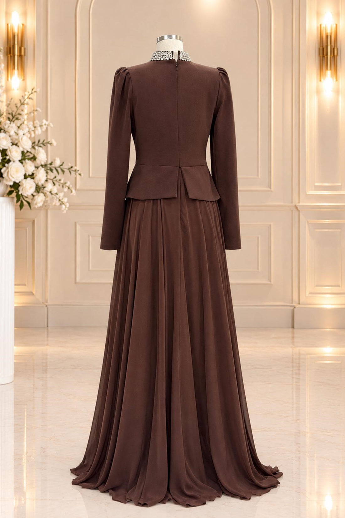 Yağmur Modest Evening Dress - Brown