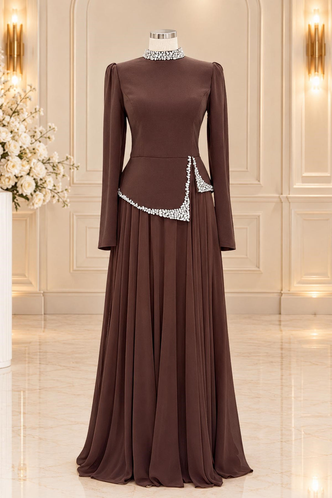 Yağmur Modest Evening Dress - Brown