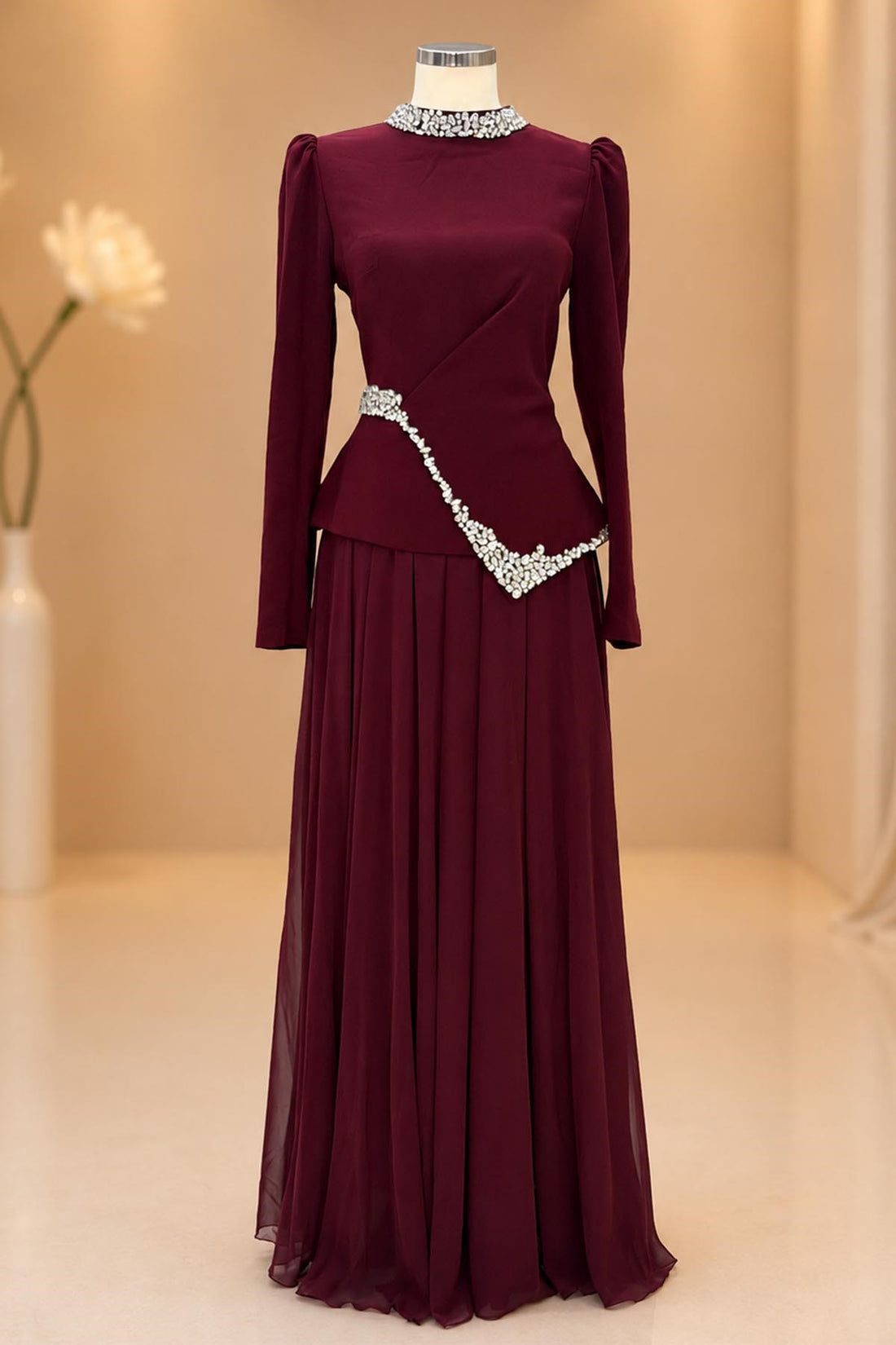 Yaren Modest Evening Dress - Burgundy