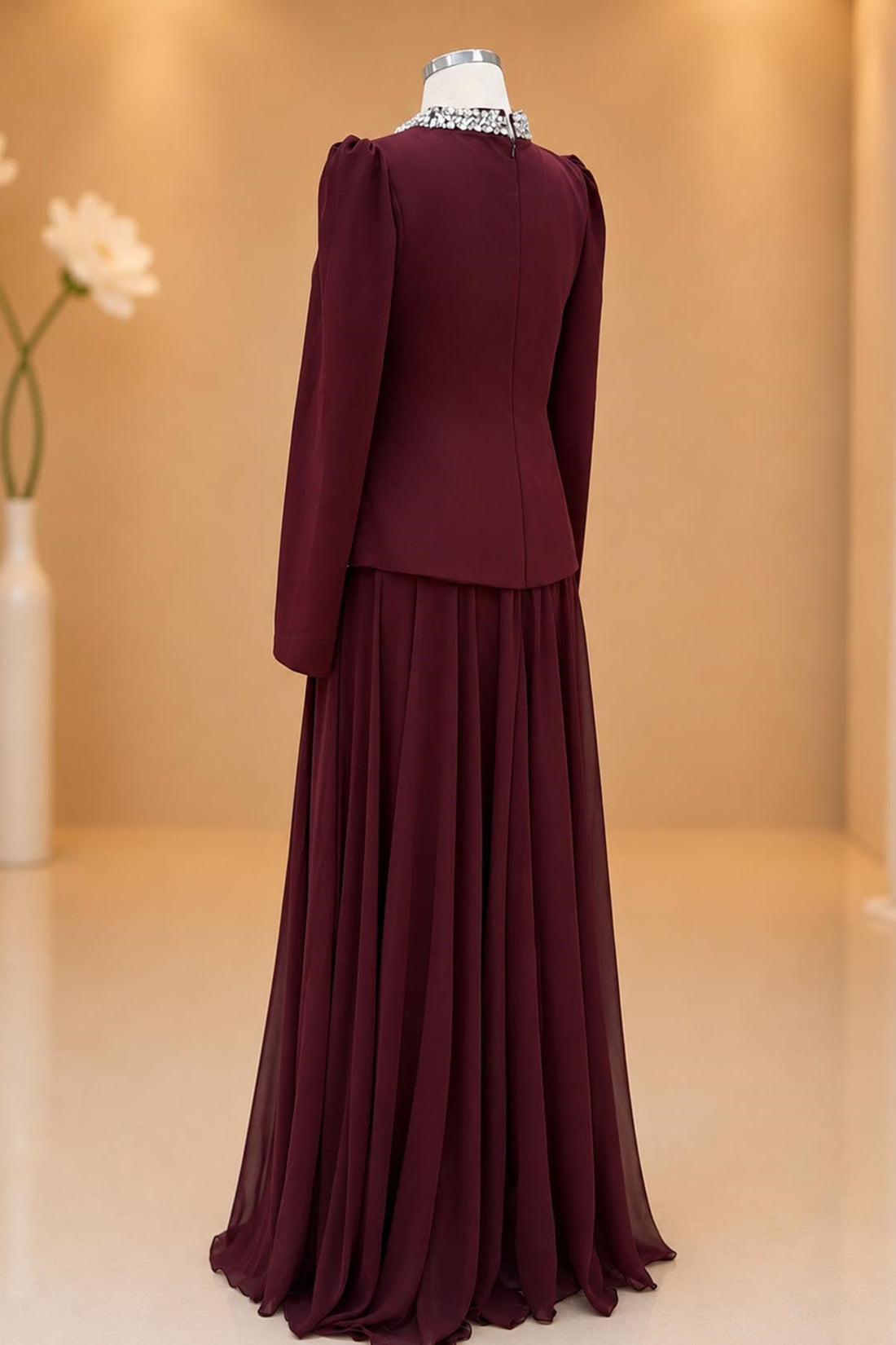 Yaren Modest Evening Dress - Burgundy