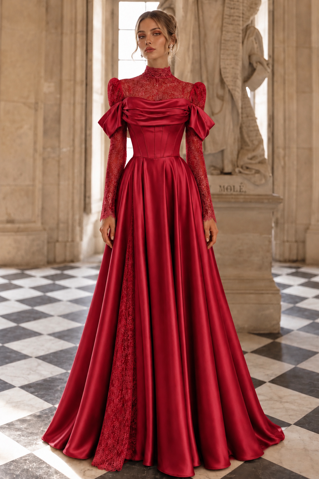 Aveline Satin & Lace Dress Burgundy