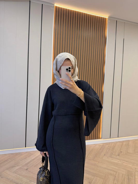 Striped-Detail Knit Dress – Black