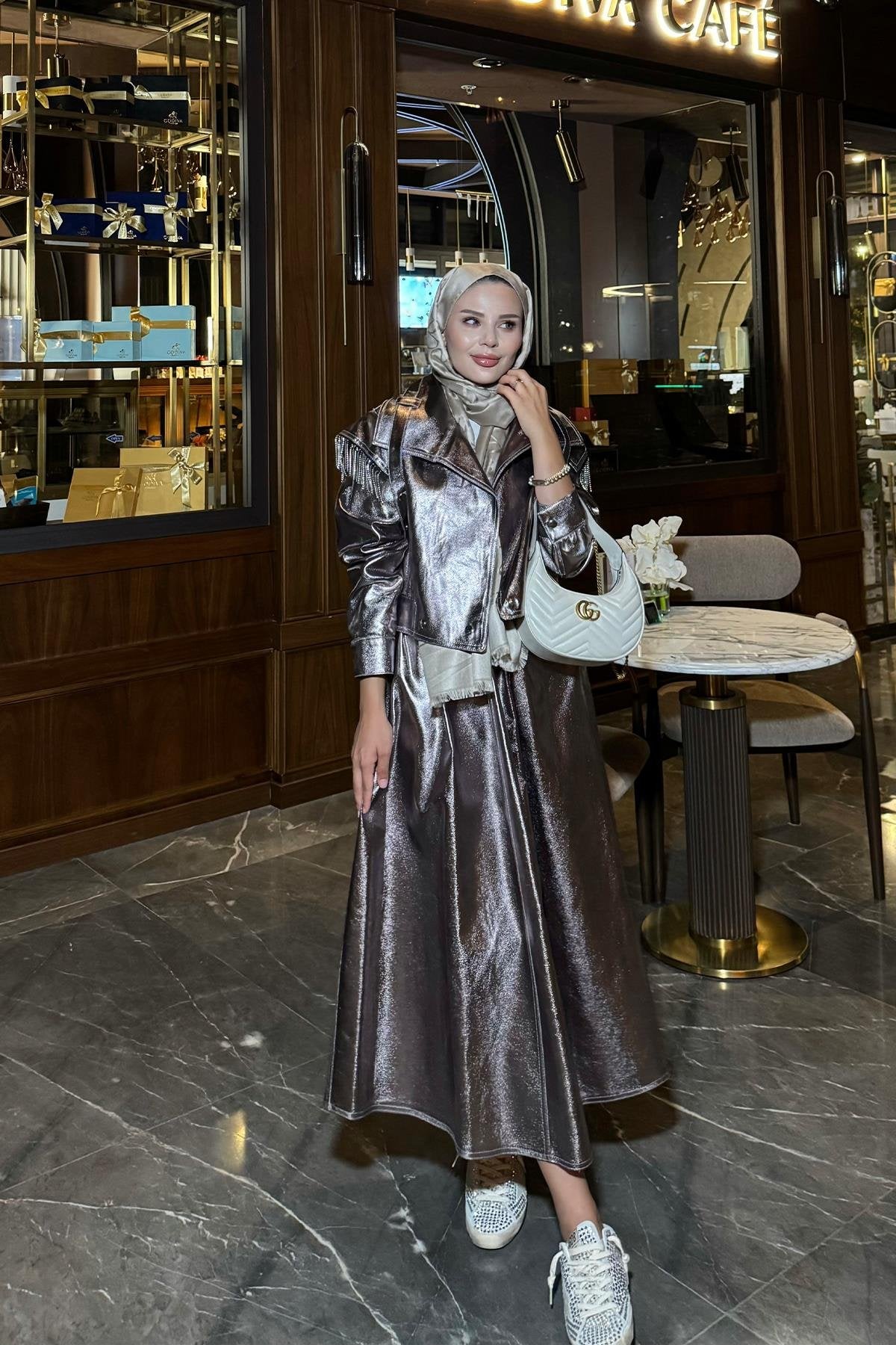 Rose Gold Set with Metallic Skirt and Shoulder Stone Details