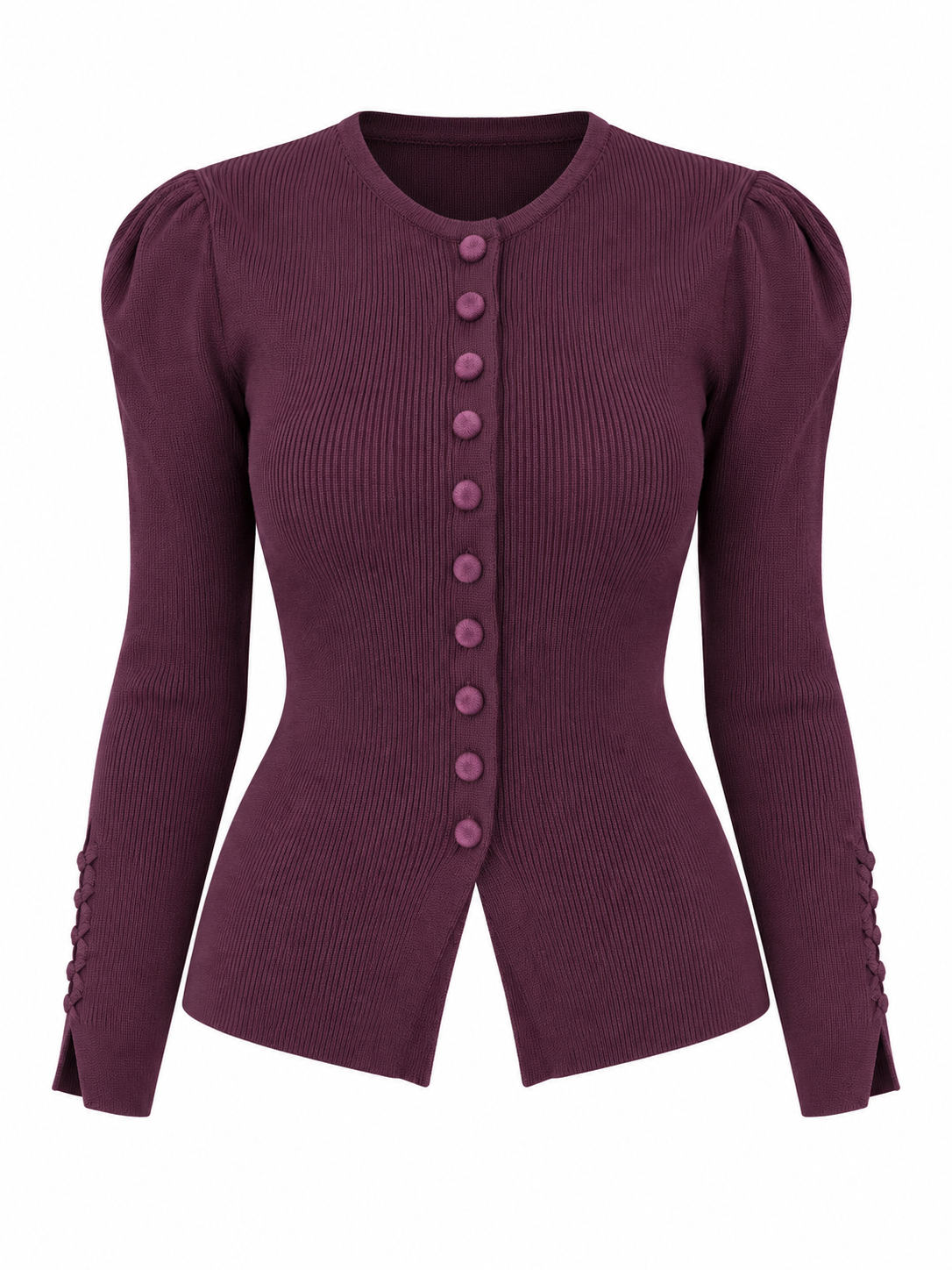 Mercerized Puff-Sleeve Cardigan - Plum