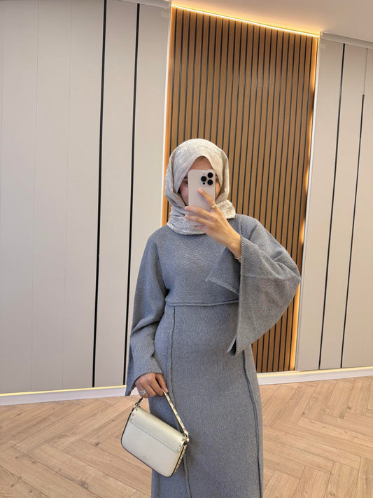 Striped-Detail Knit Dress – Gray