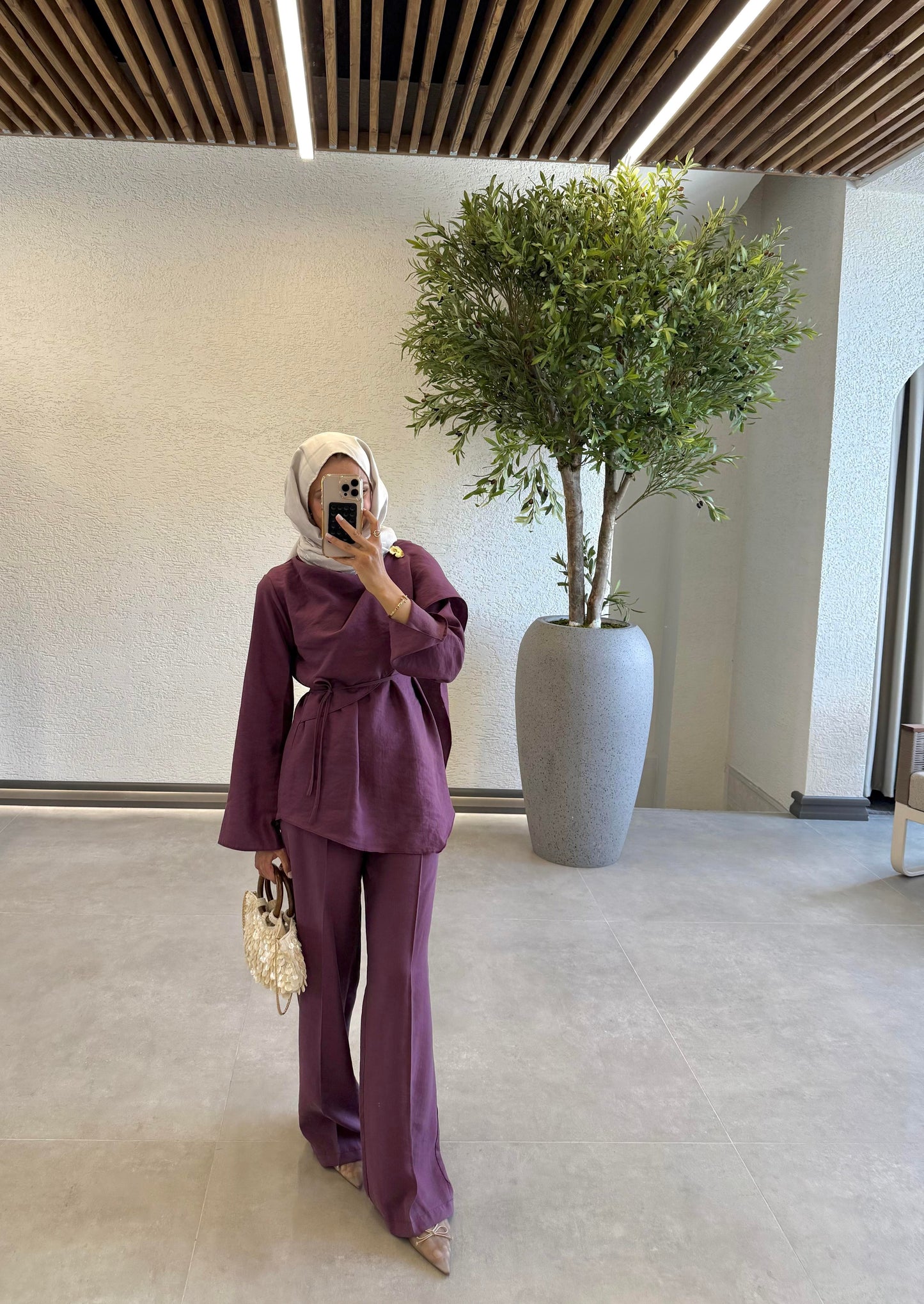 Plum Tencel Set with Brooch Detail