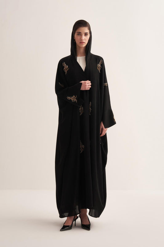 Black Abaya & Scarf Set with Pearl and Stone Embellishments