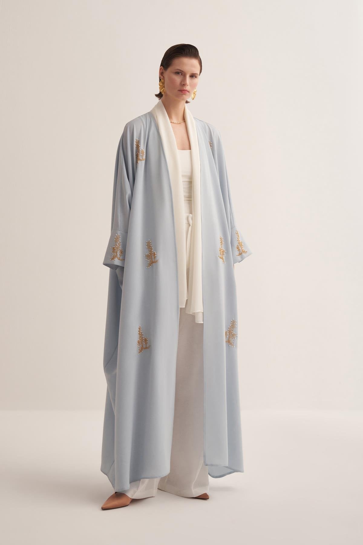 Baby Blue Abaya & Scarf Set with Pearl and Stone Embellishments