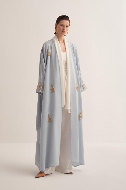 Baby Blue Abaya & Scarf Set with Pearl and Stone Embellishments