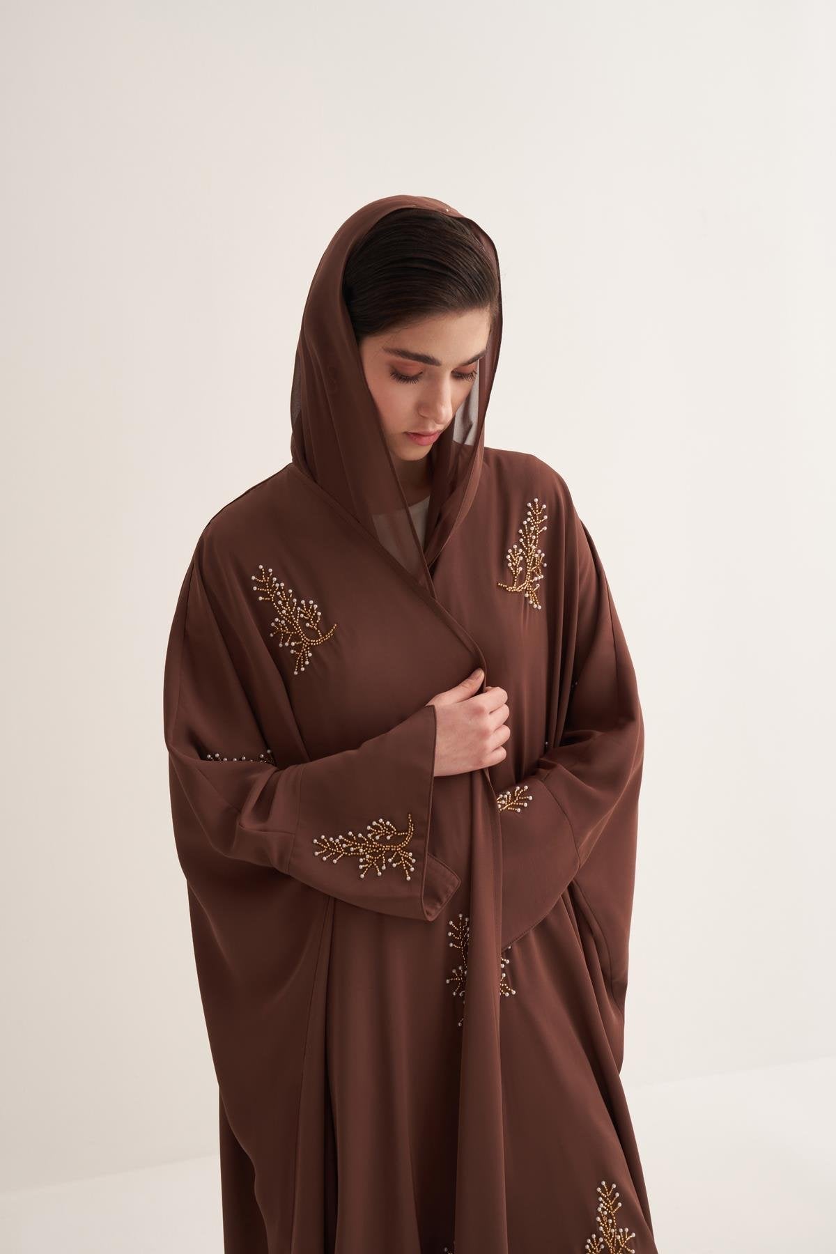 Brown Abaya & Scarf Set with Pearl and Stone Embellishments