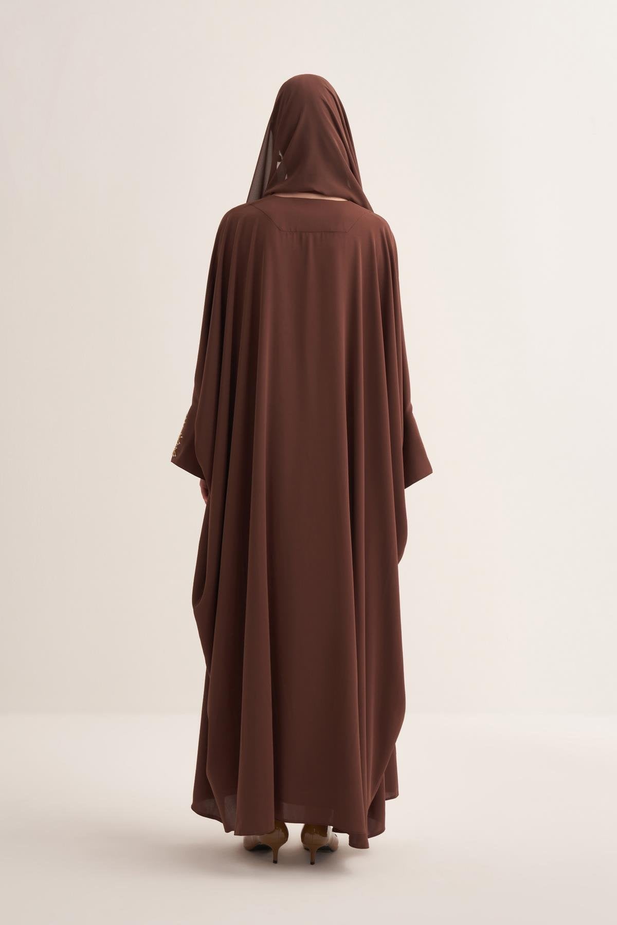 Brown Abaya & Scarf Set with Pearl and Stone Embellishments