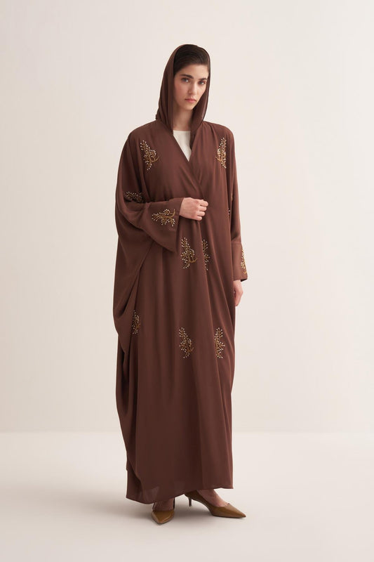 Brown Abaya & Scarf Set with Pearl and Stone Embellishments