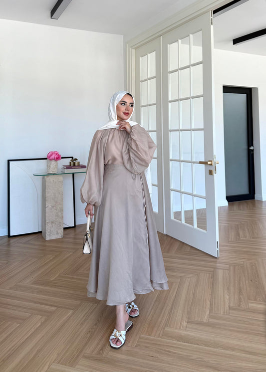 Balloon Sleeve Skirt Set - Taupe