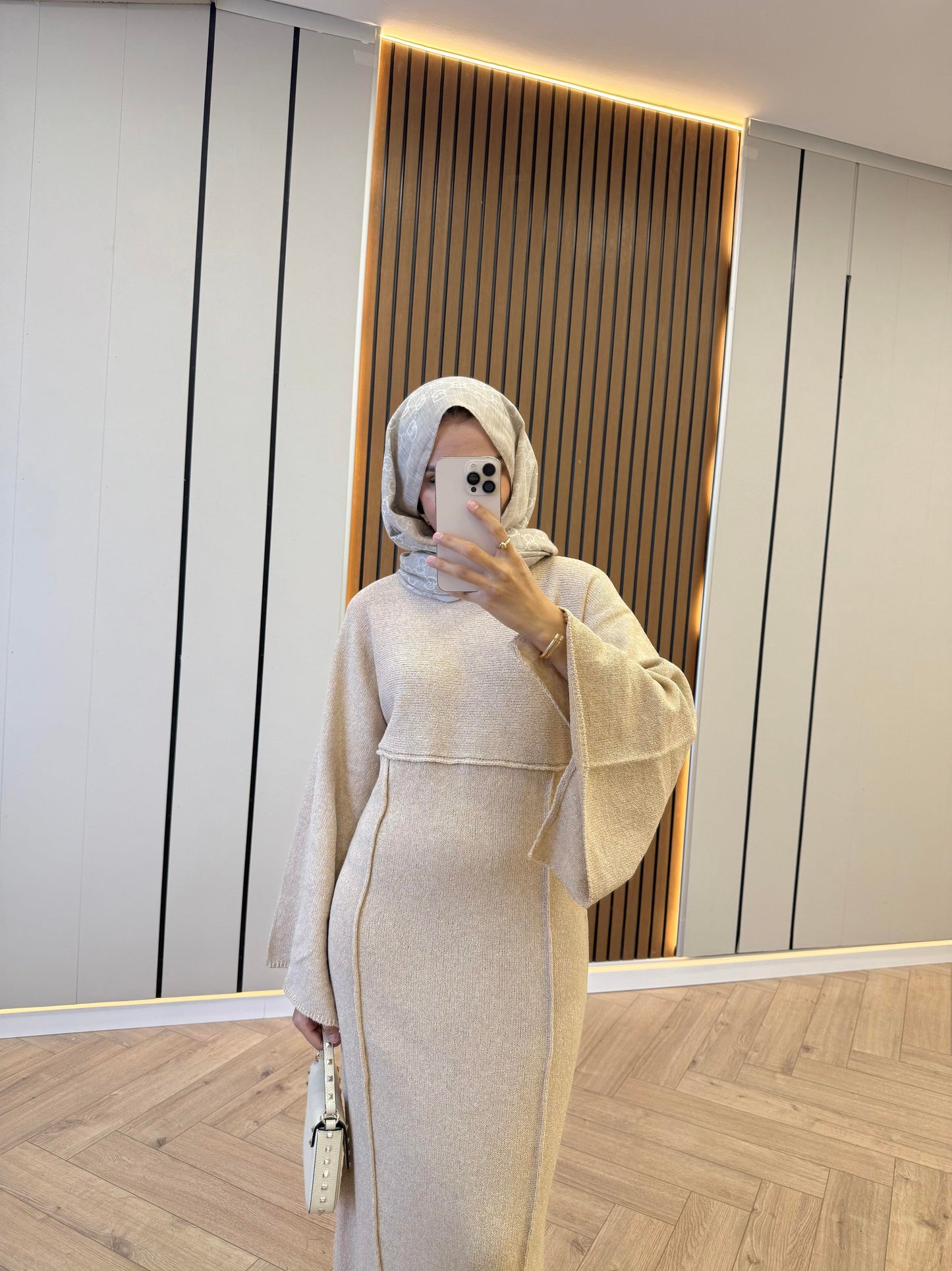 Striped-Detail Knit Dress – Beige
