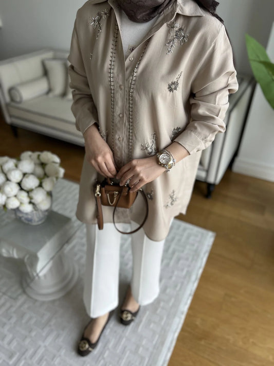 Premium Natural Beige Embroidered Tencel Shirt