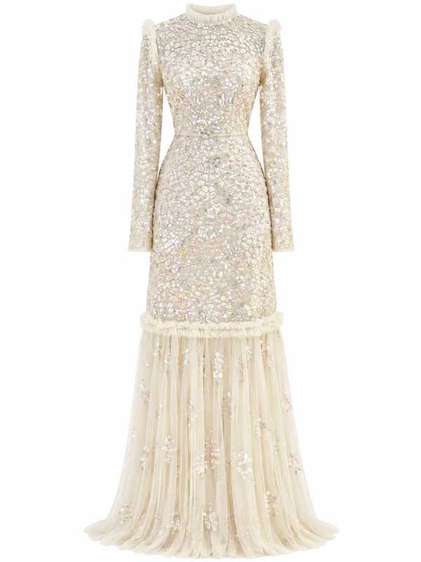 Couture Valentina Modest Evening Dress - Beige