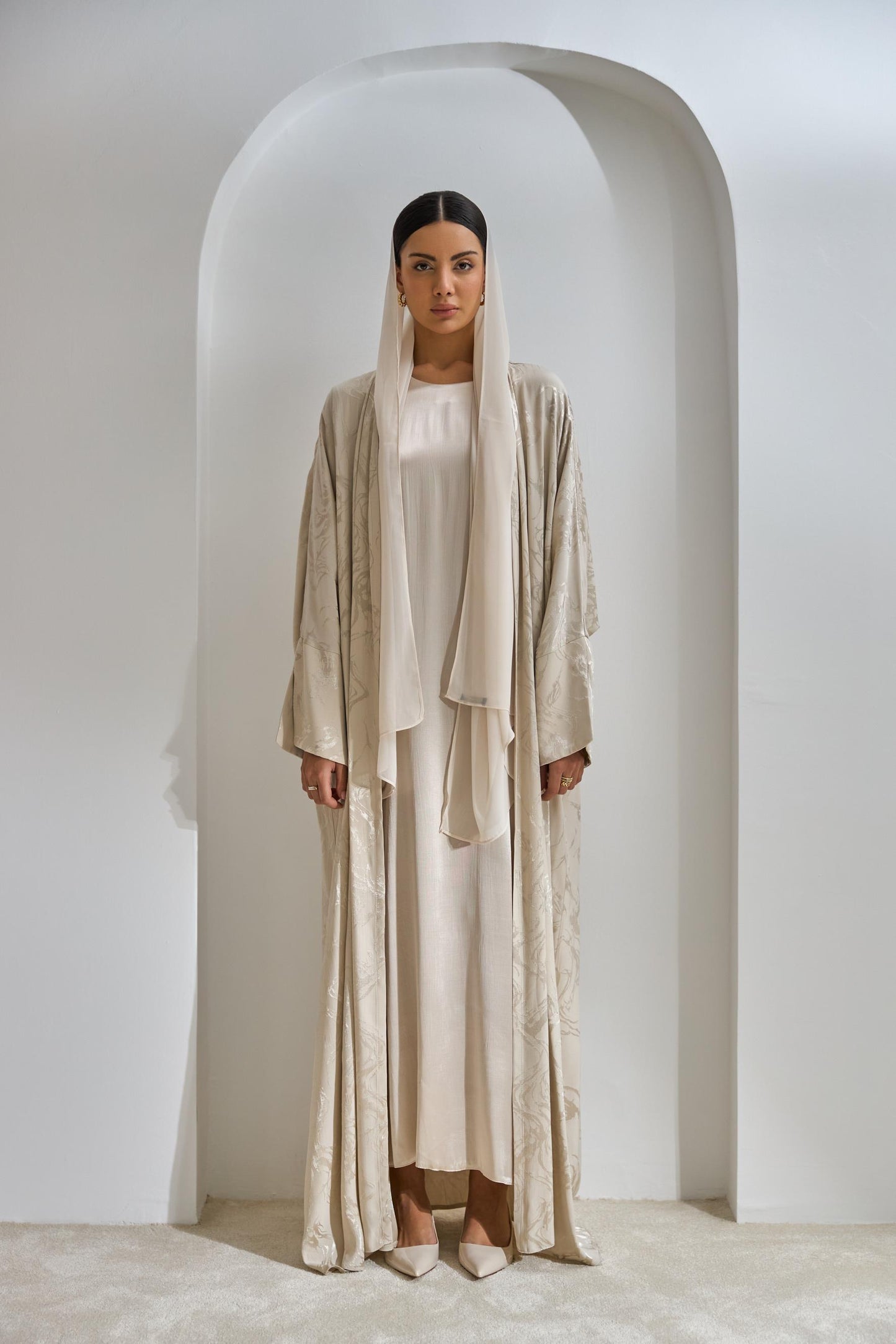 Beige Viscose Abaya Set with Dress and Shawl