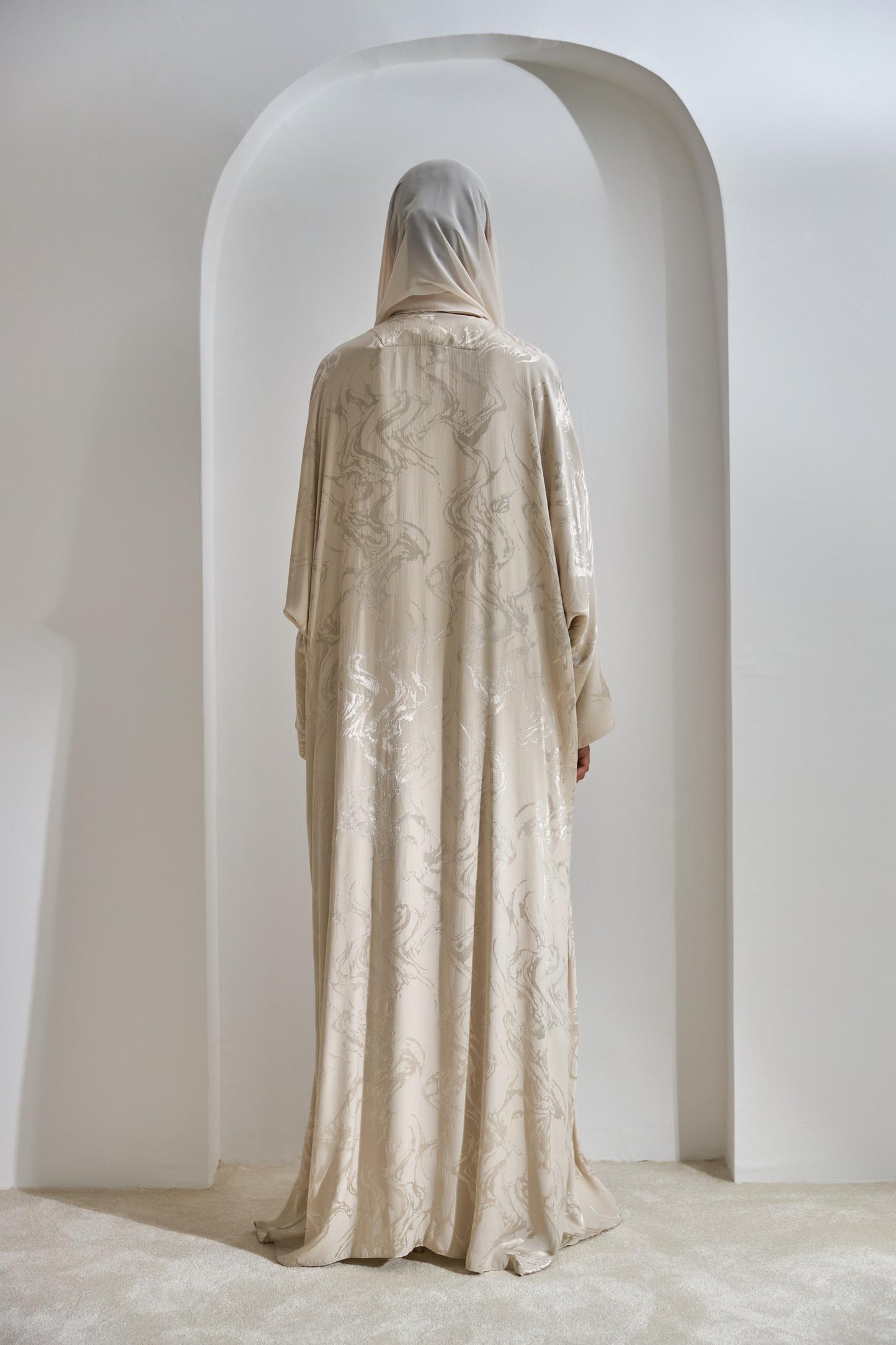 Beige Viscose Abaya Set with Dress and Shawl