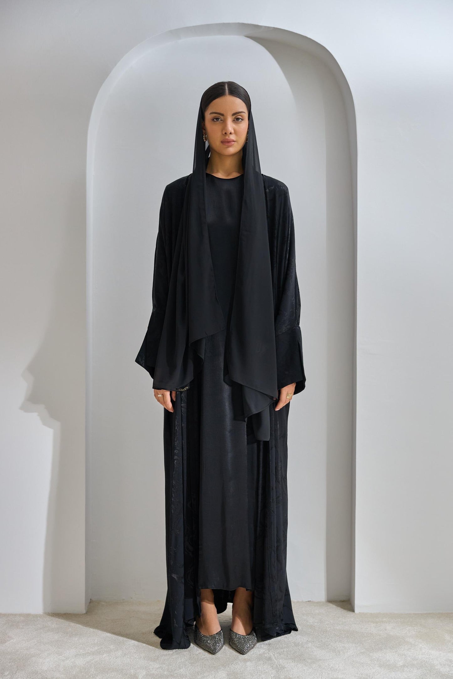 Black Viscose Abaya Set with Dress and Shawl