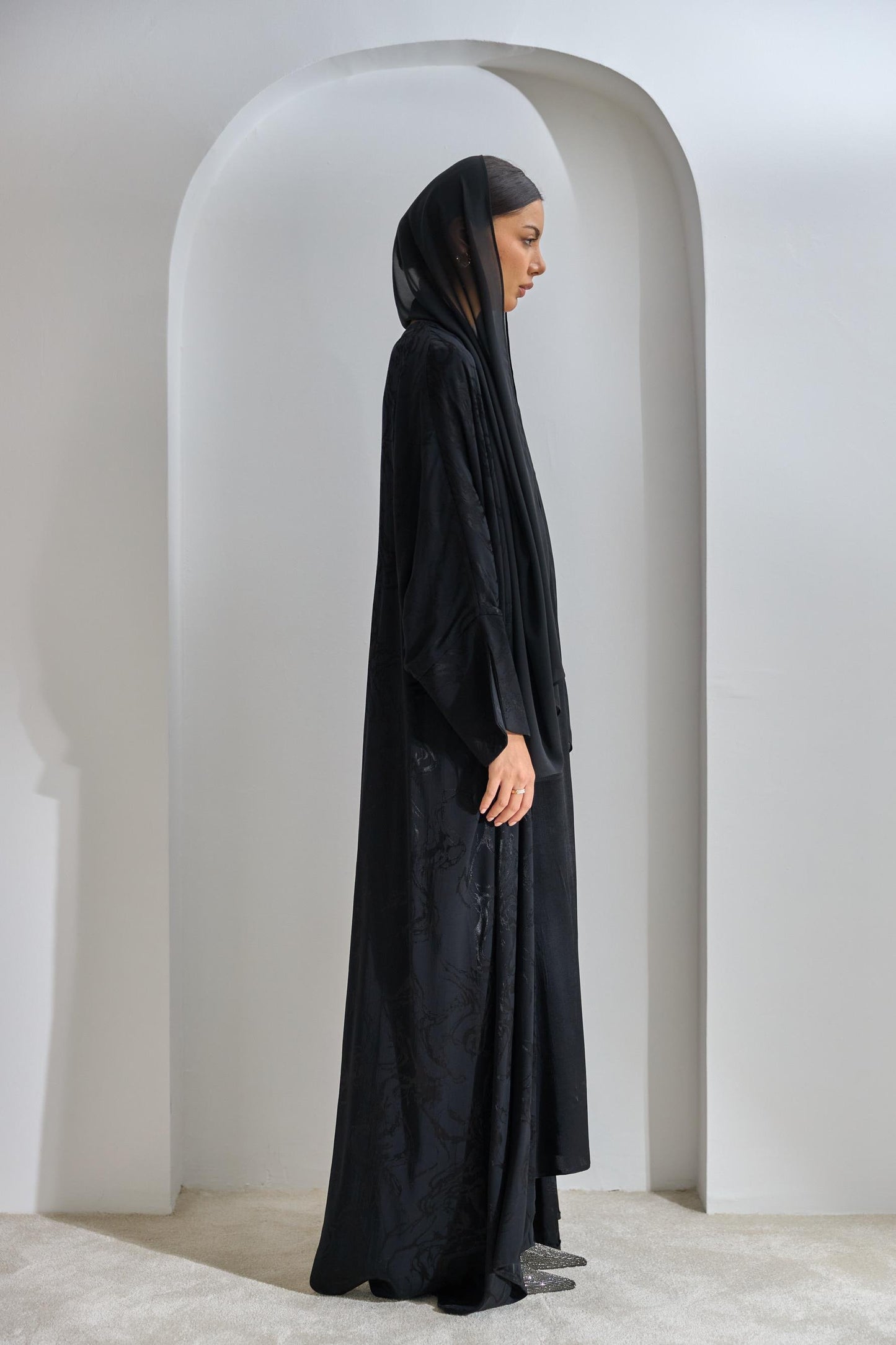 Black Viscose Abaya Set with Dress and Shawl