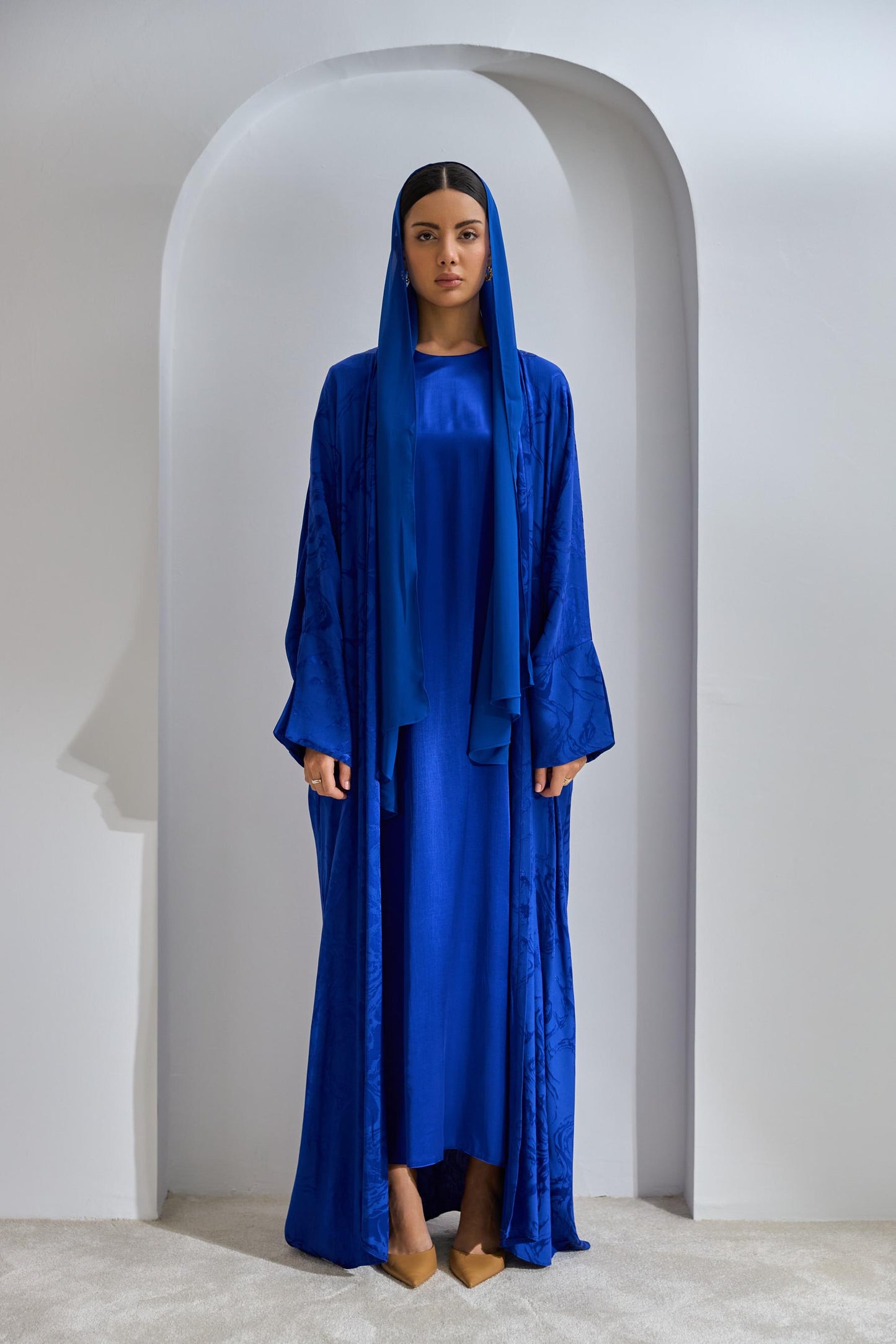 Saxe Blue Viscose Abaya Set with Dress and Shawl