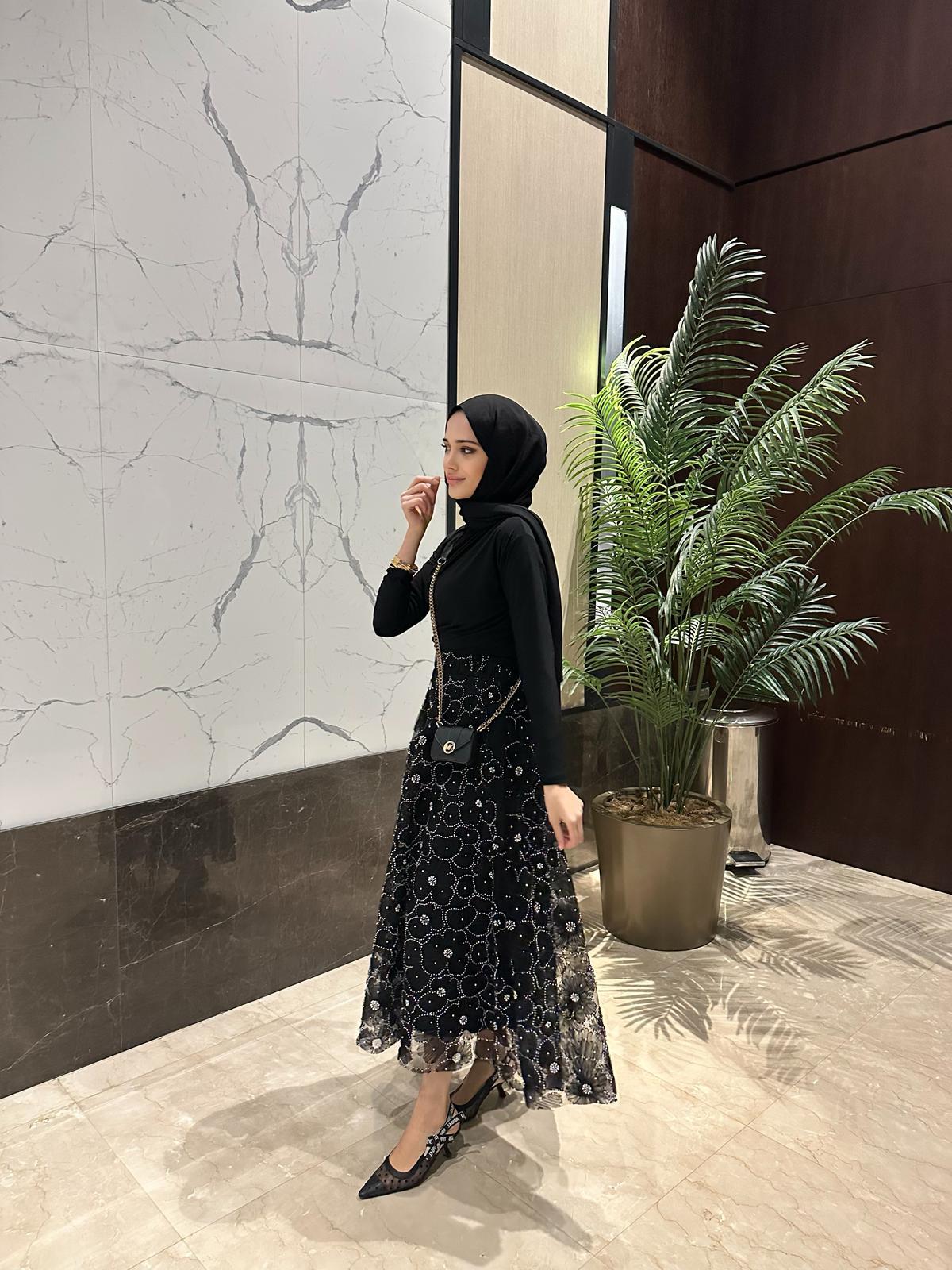 Lace-Embellished Black Evening Skirt