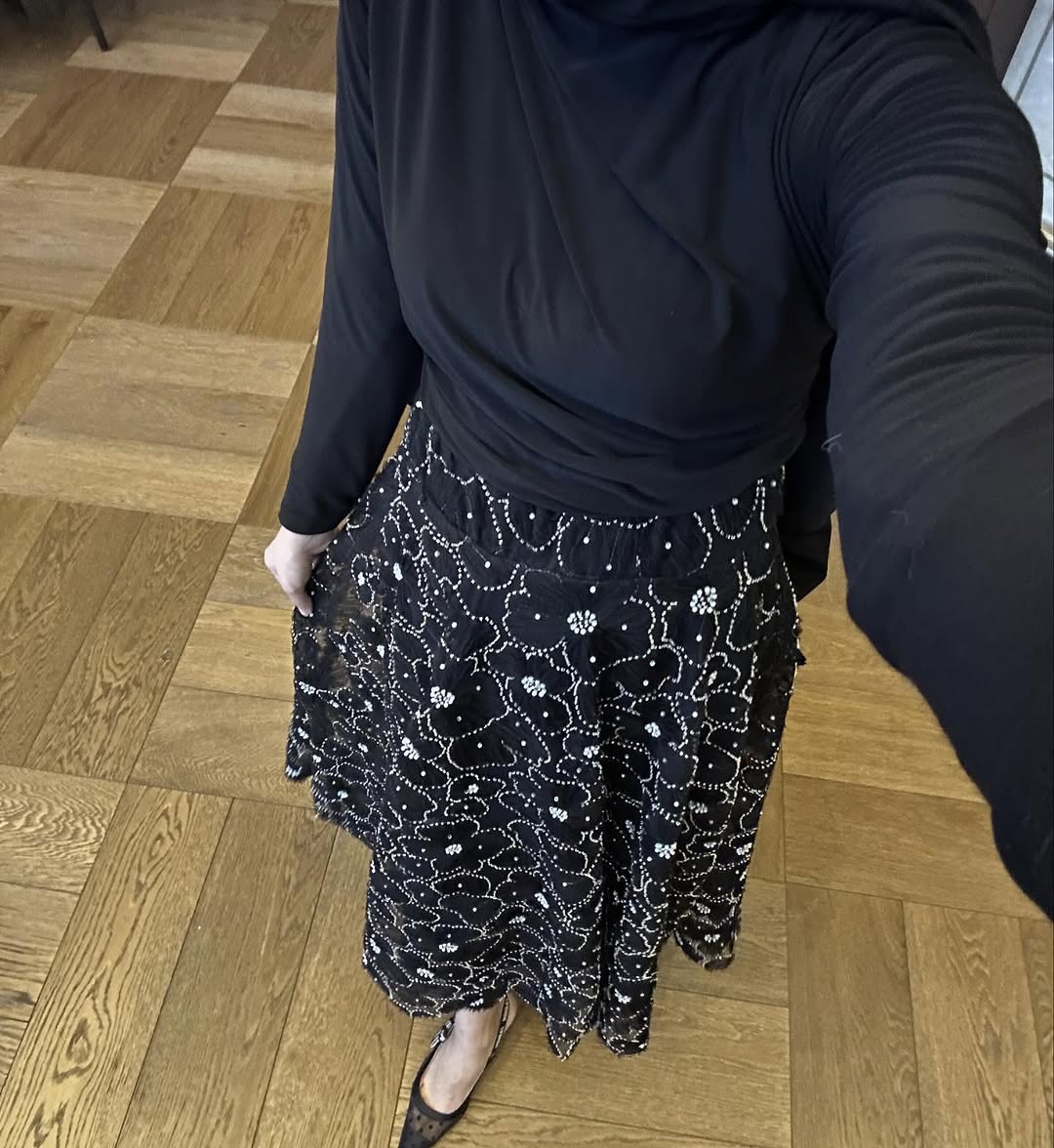 Lace-Embellished Black Evening Skirt