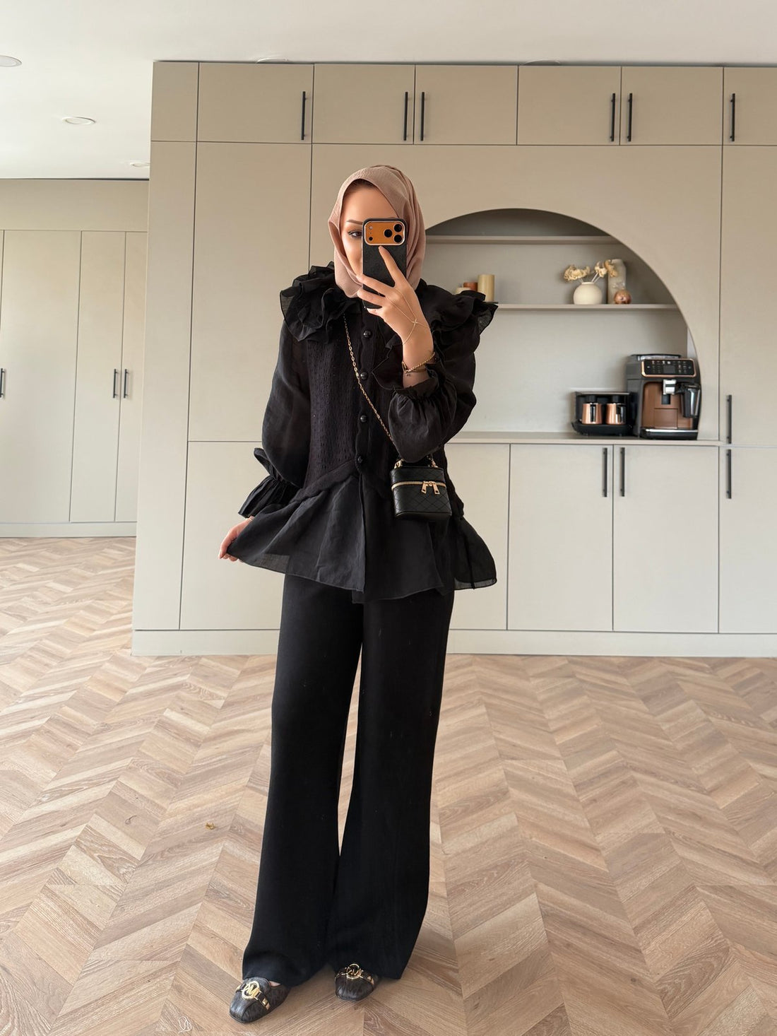 Feza Ruffle Detail Knit Top and Wide-Leg Pants Set Black – full-length