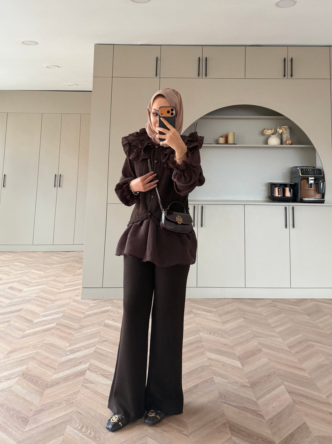 Feza Ruffle Detail Knit Top and Wide-Leg Pants Set Brown – full-length