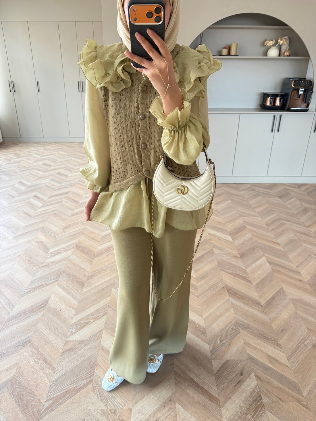 Feza Ruffle Detail Knit Top and Wide-Leg Pants Set Khaki – closeup
