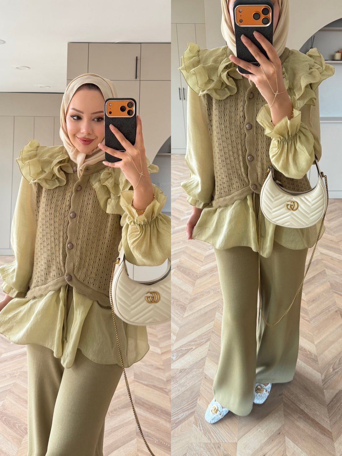 Feza Ruffle Detail Knit Top and Wide-Leg Pants Set Khaki – hero