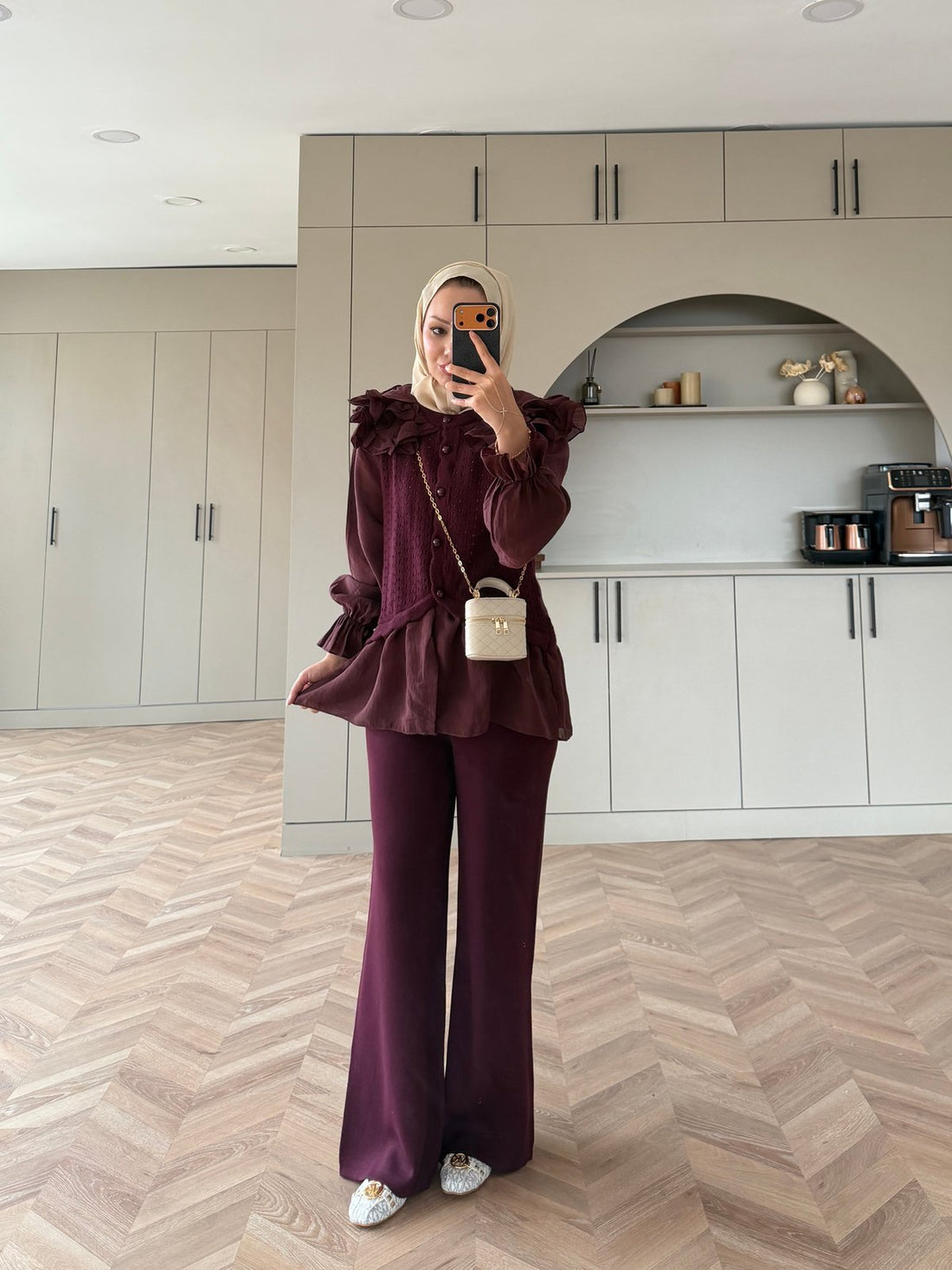 Feza Ruffle Detail Knit Top and Wide-Leg Pants Set Plum – full-length