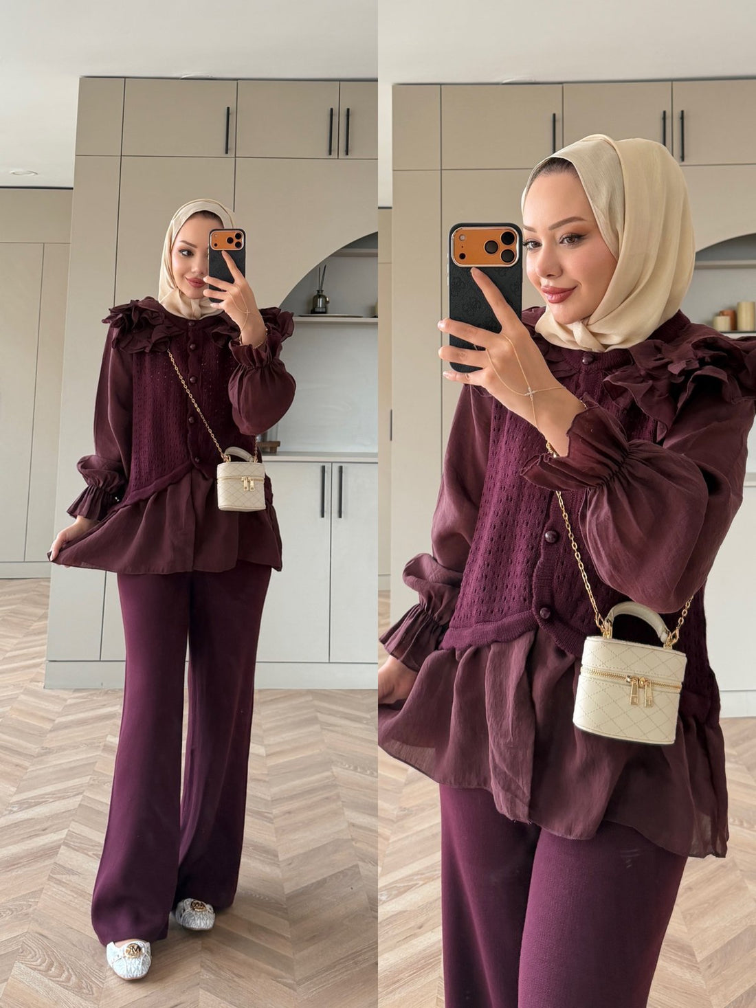 Feza Ruffle Detail Knit Top and Wide-Leg Pants Set Plum – hero