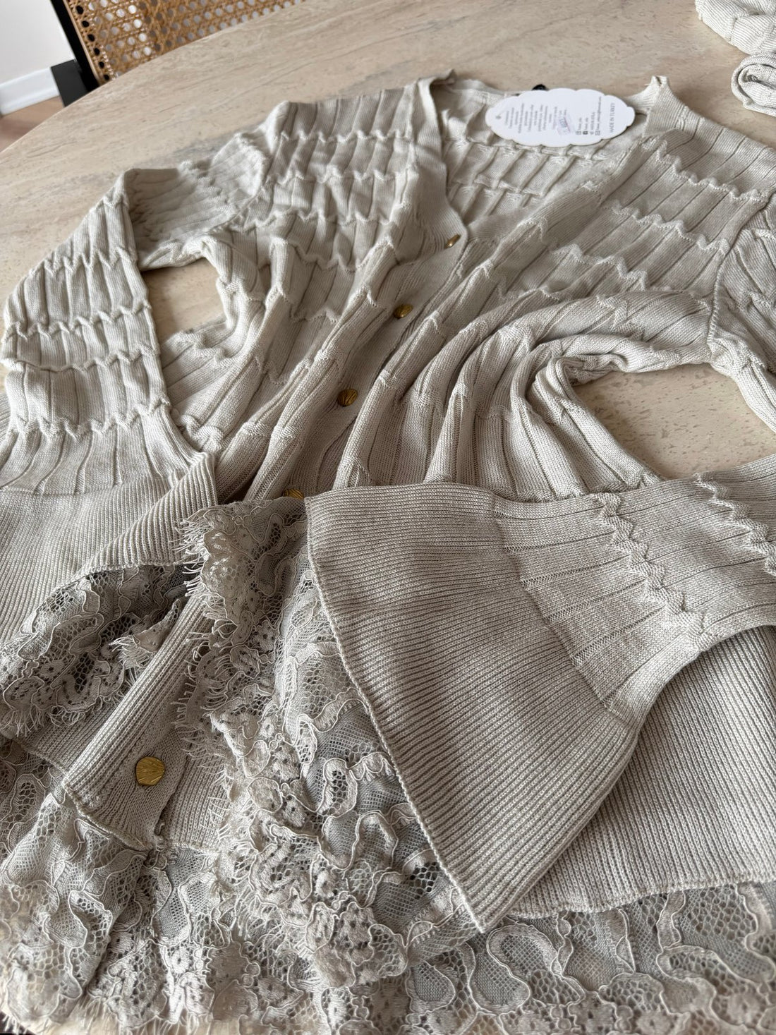 Viona Lace-Trim Knit Cardigan and Maxi Skirt Set in Beige: detail