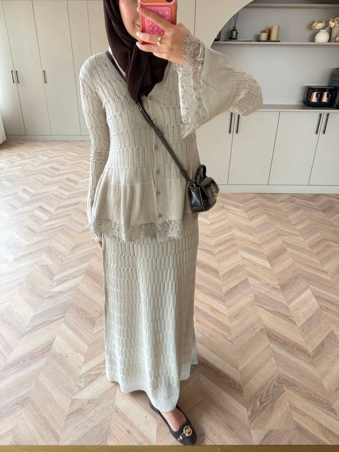 Viona Lace-Trim Knit Cardigan and Maxi Skirt Set in Beige: pose