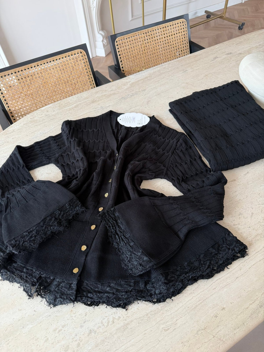 Viona Lace-Trim Knit Cardigan and Maxi Skirt Set in Black: detail