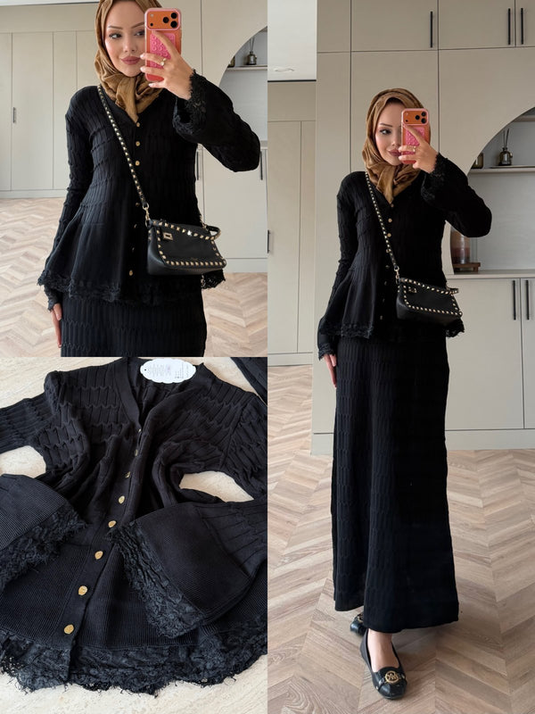 Viona Lace-Trim Knit Cardigan and Maxi Skirt Set in Black: full