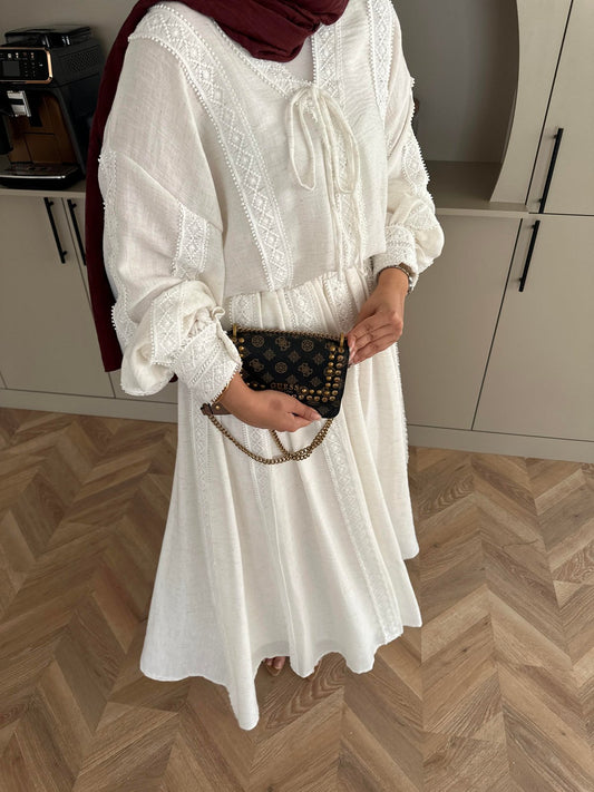 White Linen Co-Ord Set with Lace Trim