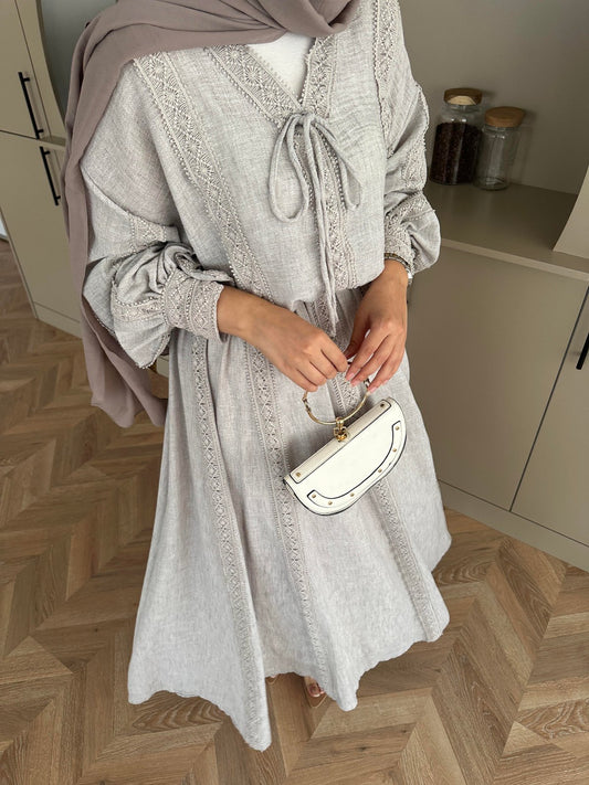 Gray Linen Co-Ord Set with Lace Trim
