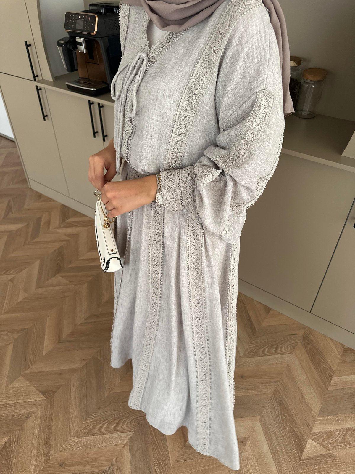 Gray Linen Co-Ord Set with Lace Trim