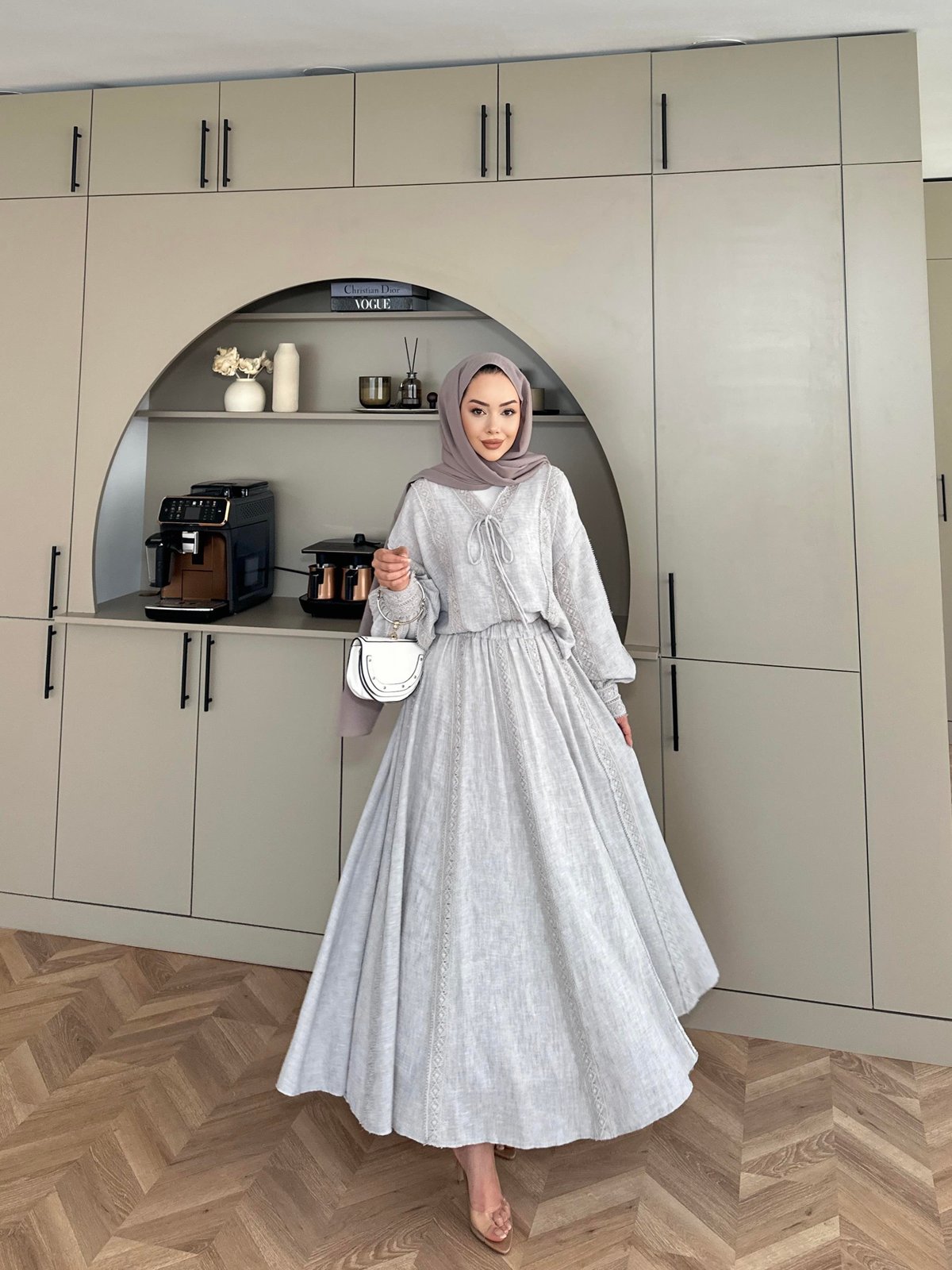 Gray Linen Co-Ord Set with Lace Trim