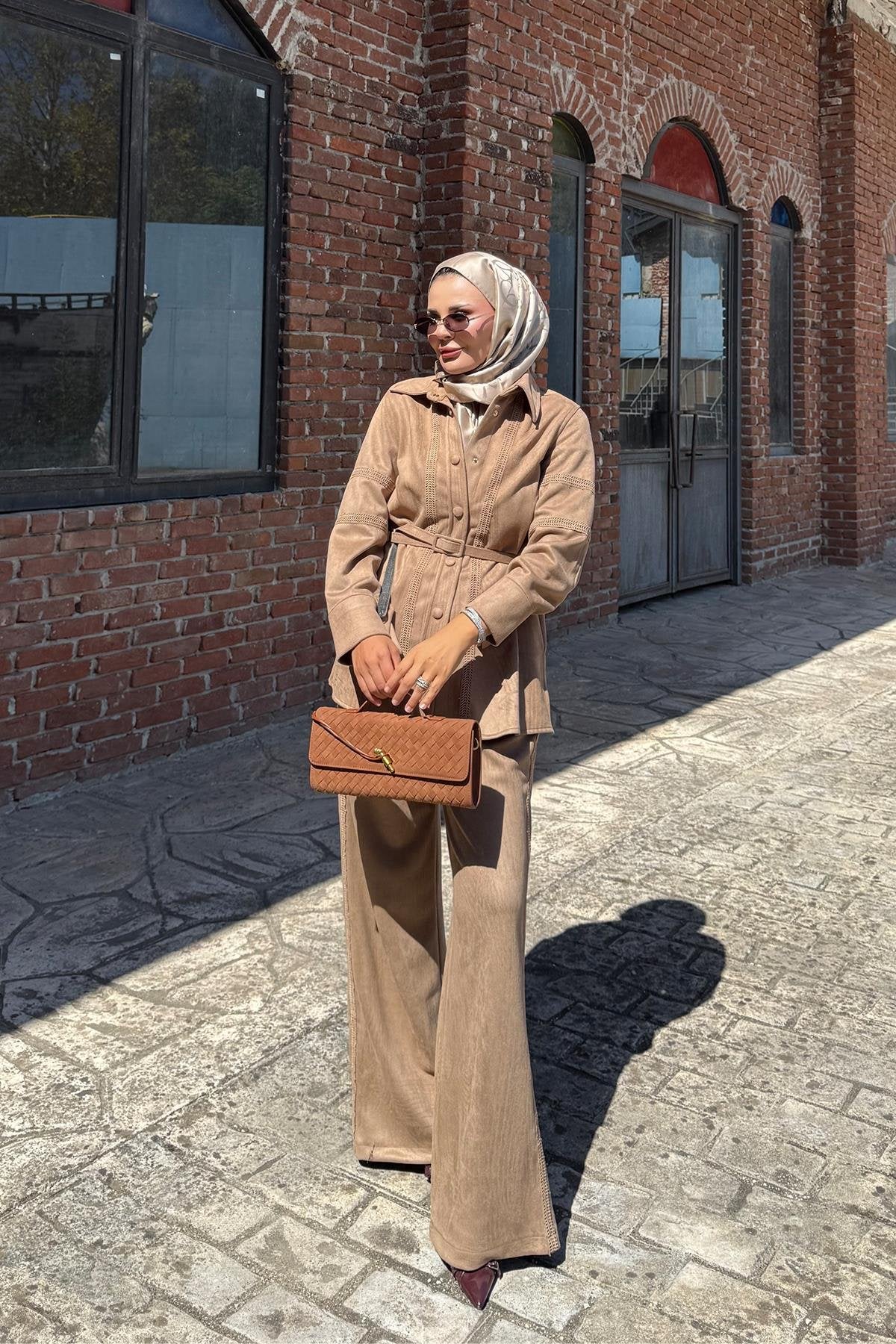 Camel Suede Pants Set with Lace Details and Belt