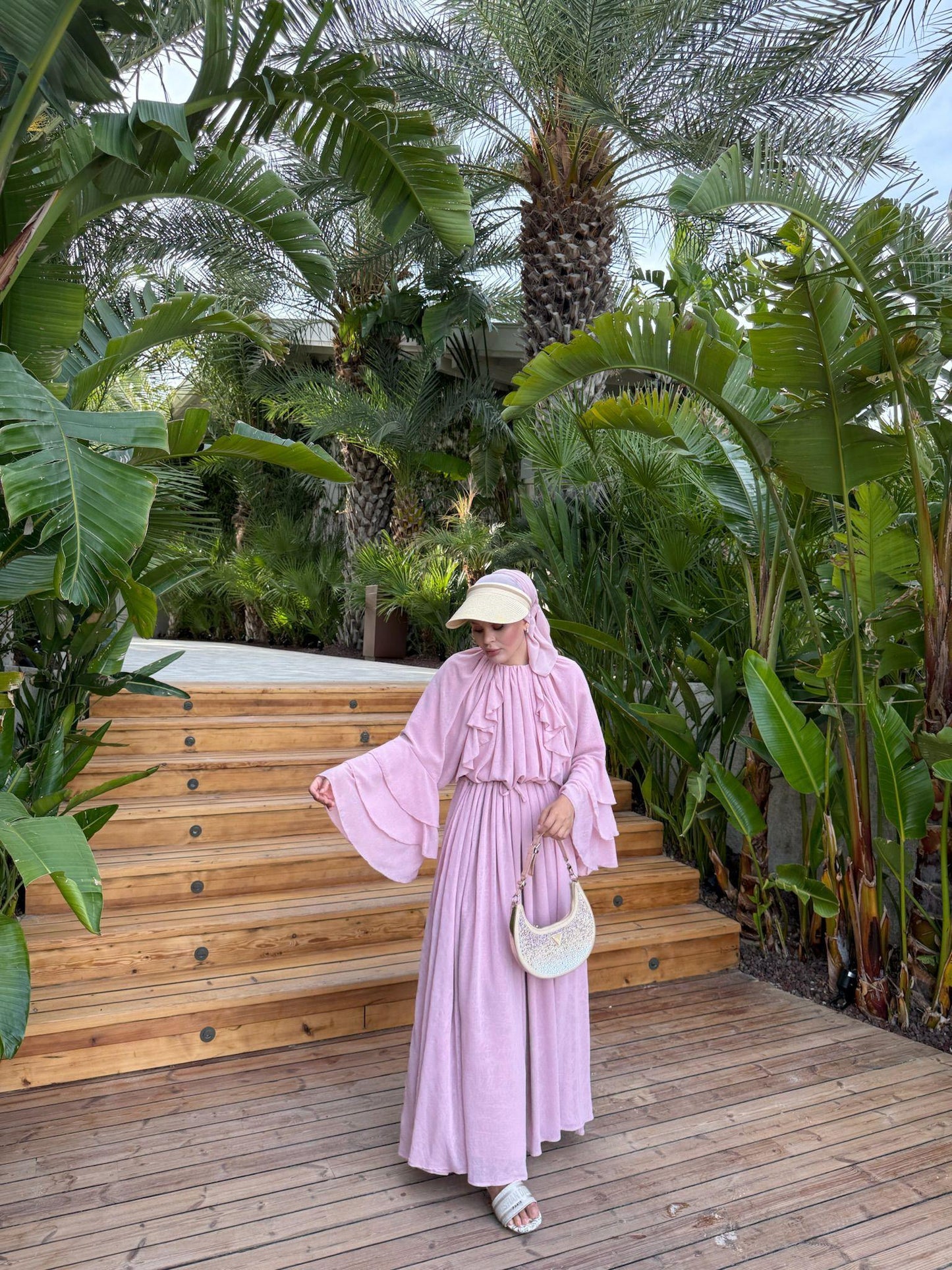 Farah Pink Chiffon Dress with Ruffle Details