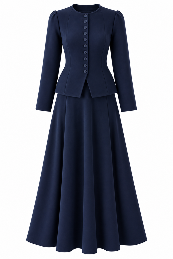 Elvera Steel-Knit Buttoned Skirt Set - Navy