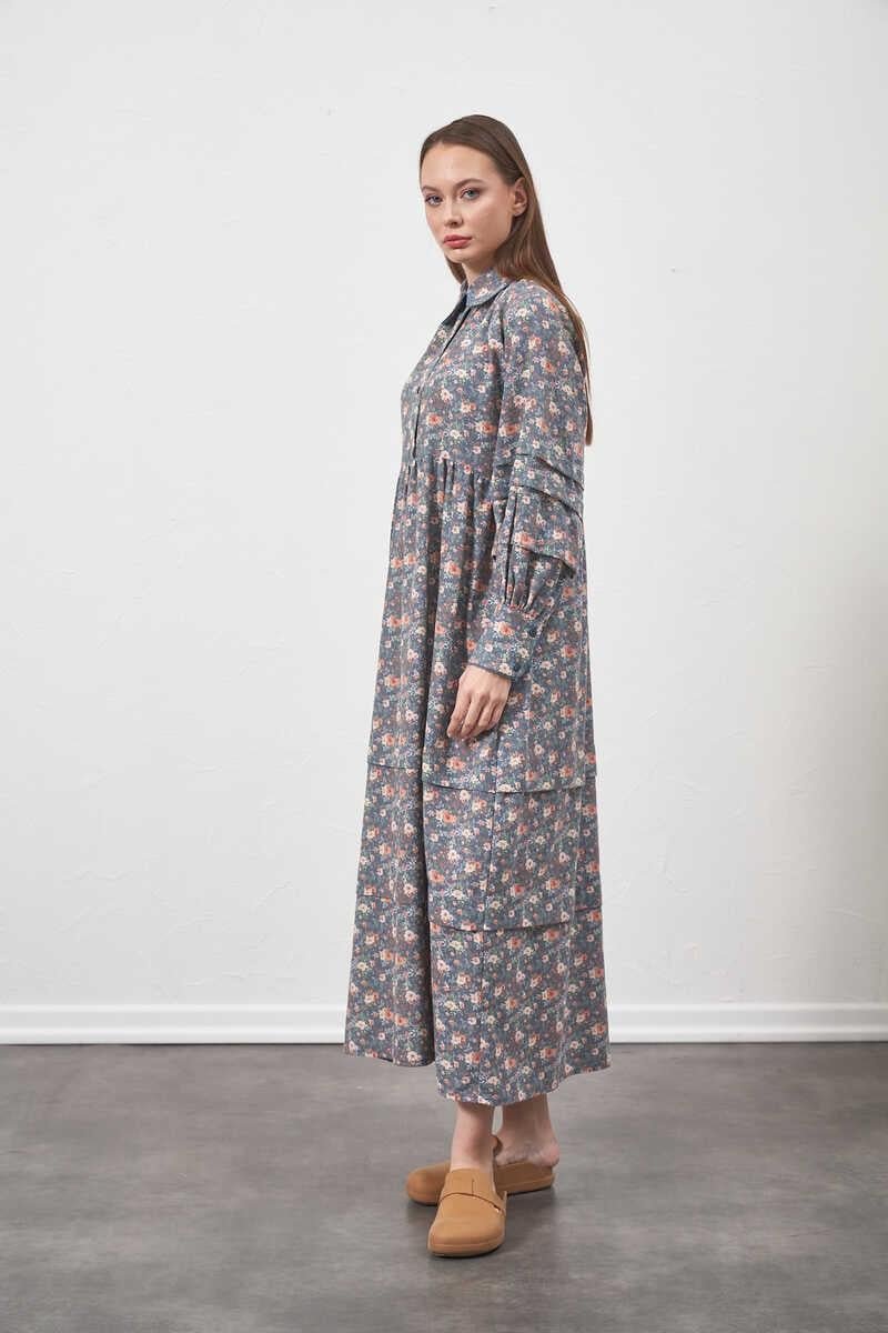 %100 Cotton Loose Fit Floral Waist Dress Indigo