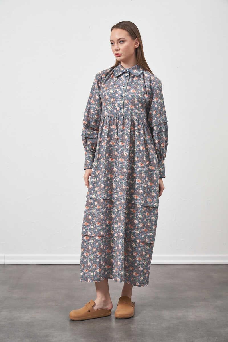 %100 Cotton Loose Fit Floral Waist Dress Indigo